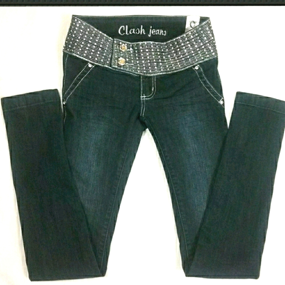 Clash Jeans Skinny Low Rise Rhinestone Waist Jeggings